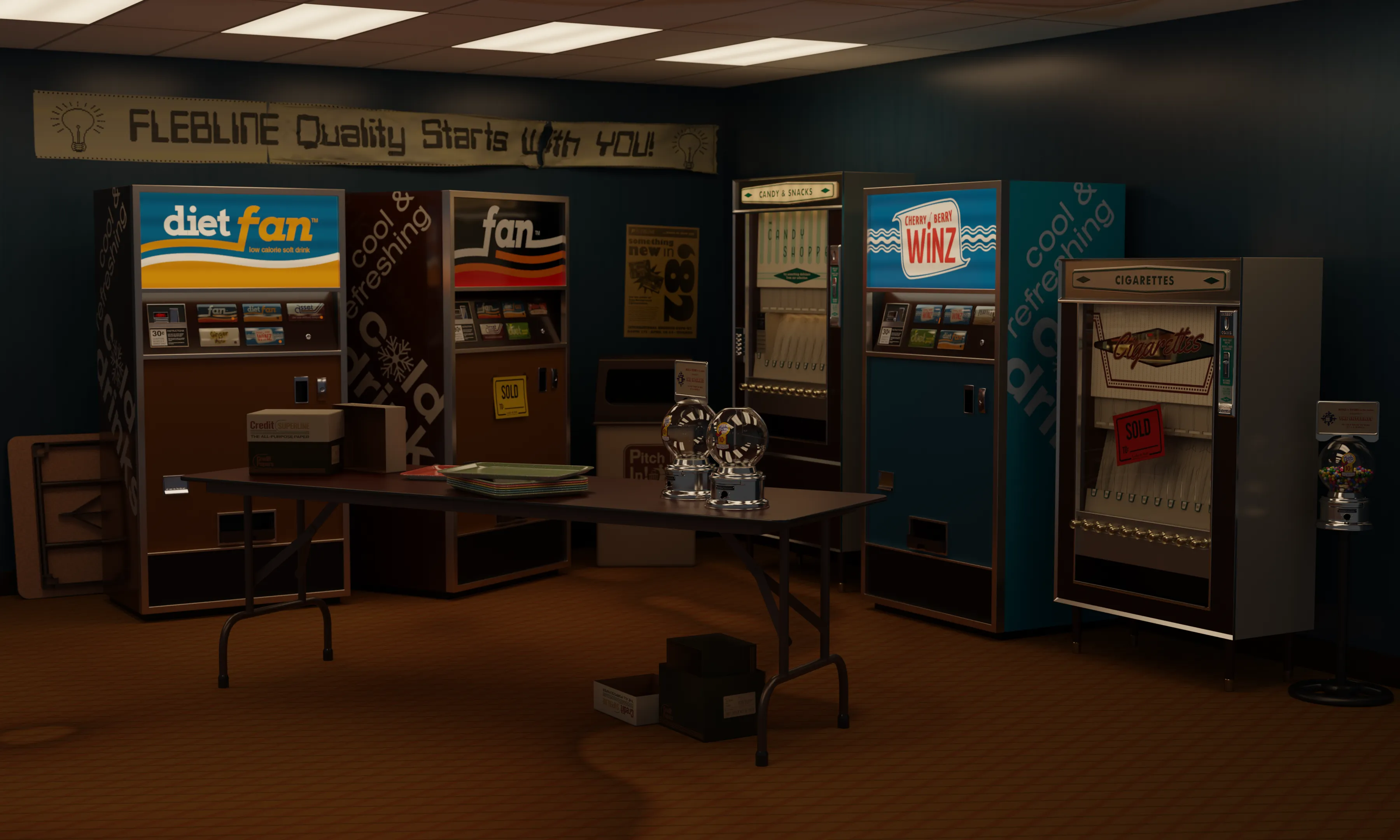 3D rendered breakroom featuring multiple modeled objects